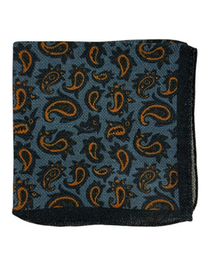 Luigi Borrelli Wool Pocket Square Midnight Blue Brown Paisley