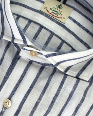 Luigi Borrelli Sport Shirt White Navy Stripes Linen Cotton