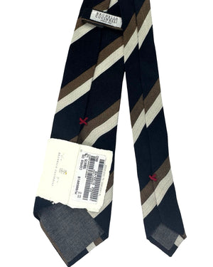 Brunello Cucinelli Tie Midnight Blue Taupe Silver Stripes - Wool Silk