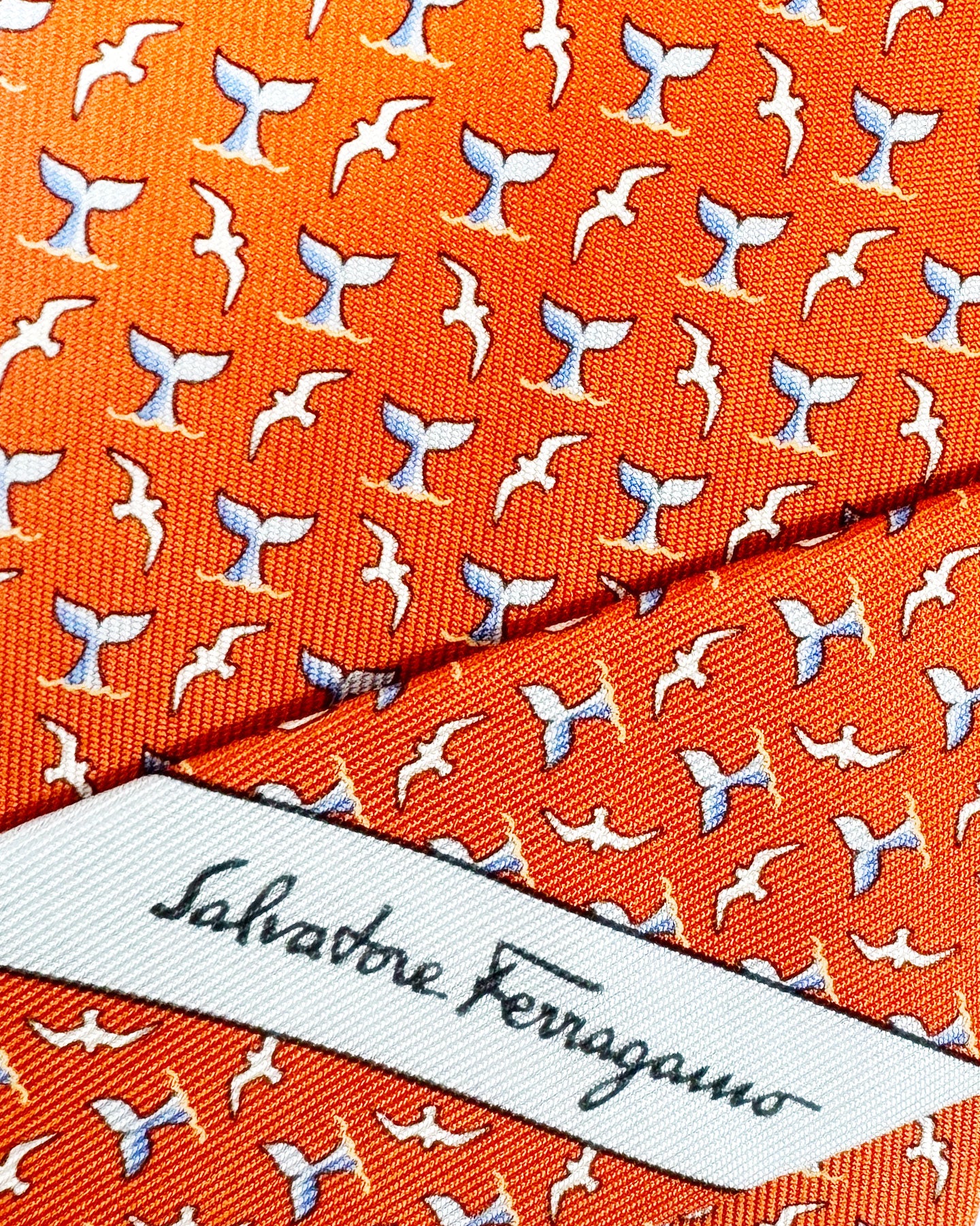 Salvatore Ferragamo Silk Tie Orange Novelty Whale & Seagull