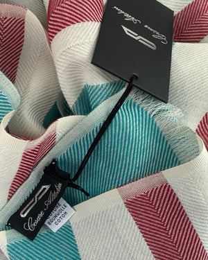 Cesare Attolini Cotton Scarf White Aqua Fire Red Stripes SALE