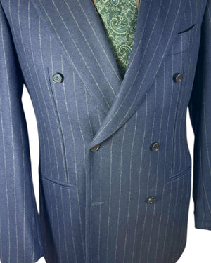 Cesare Attolini Suit Midnight Blue Gray Stripes Peak Lapel New