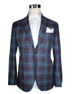 Luigi Borrelli Sport Coat Midnight Blue Maroon Plaid EU 48/ US 38 Royal Collection
