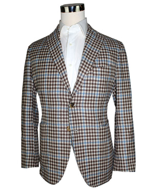 Borrelli Sport Coat White Blue Brown Houndstooth