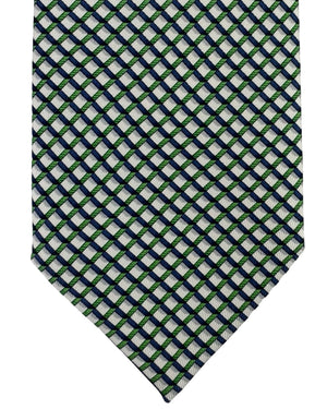 Brioni Silk Tie White Royal Blue Green Woven Grid Pattern