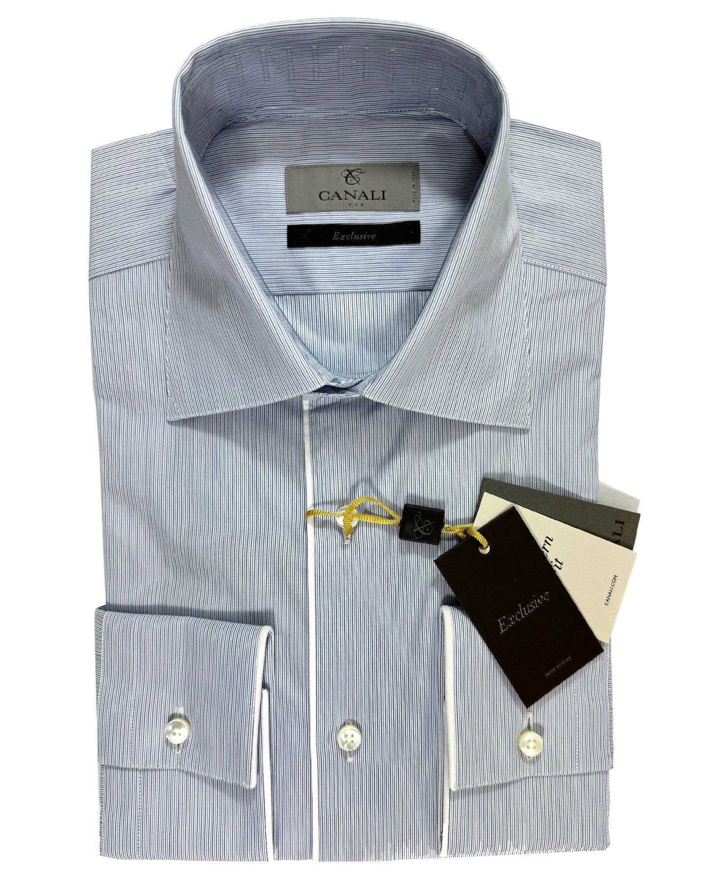 Canali Dress Shirt Exclusive White Navy Blue Stripes 