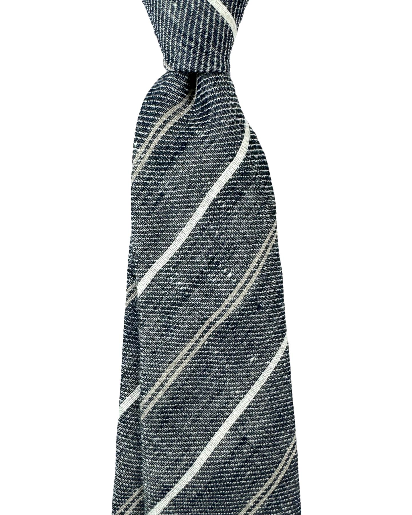 Brunello Cucinelli Linen Tie Charcoal Gray Midnight Blue Stripes