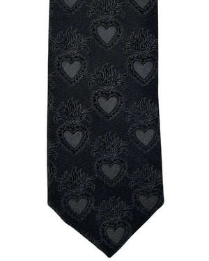 Dolce & Gabbana Skinny Tie Black Tonal Flaming Hearts