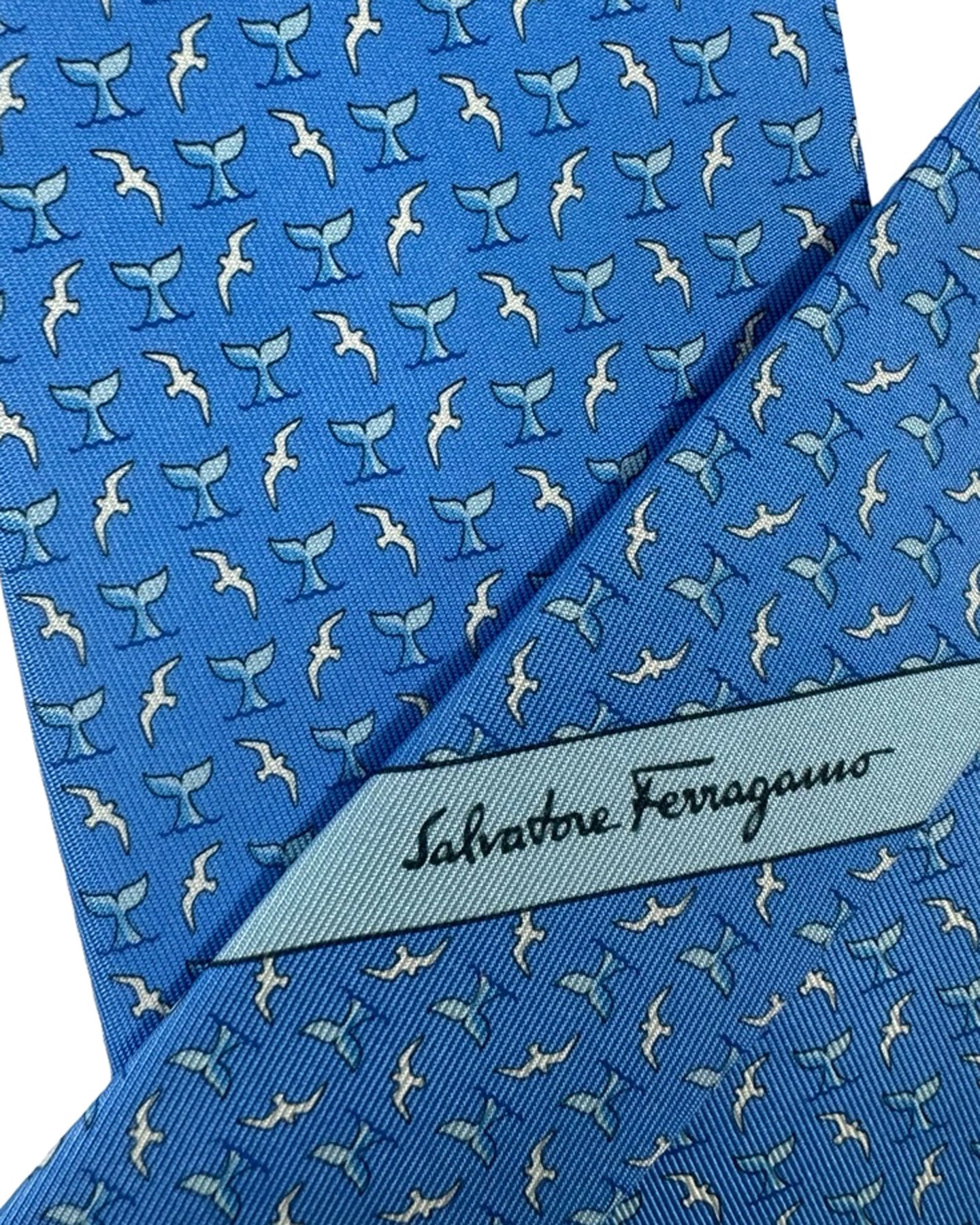 Salvatore Ferragamo Silk Tie Blue Novelty Whale & Seagull