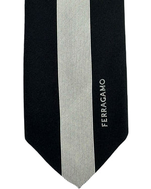 Salvatore Ferragamo Tie Black Silver Stripe Logo Design SALE