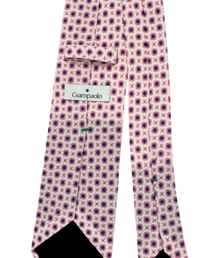 Giampaolo Silk Tie White-Silver Pink Navy Mini Flowers Hexagons