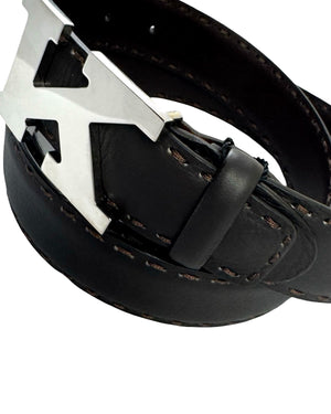 Kiton Belt Dark Brown Leather K Logo - Resizable Stitch