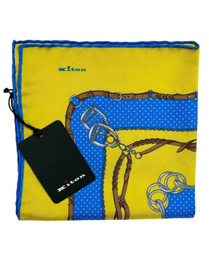 Kiton Silk Pocket Square Mustard Blue Design