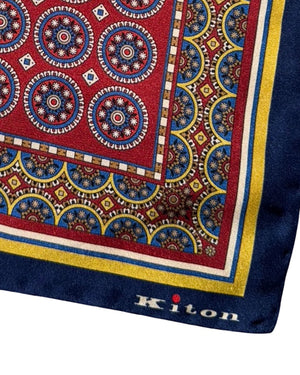 Kiton Silk Pocket Square Bordeaux Navy Medallion