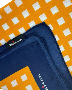 Kiton Silk Pocket Square Orange Royal Blue Check