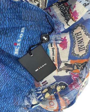 Kiton Linen Scarf Aqua Hawaii Novelty Print