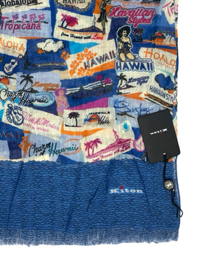 Kiton Linen Scarf Aqua Hawaii Novelty Print