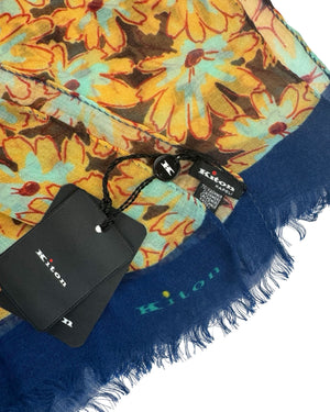 Kiton Scarf Floral Peach Brown Navy - Cashmere Silk Shawl