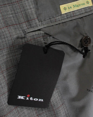 Kiton Suit Gray Bordeaux Windowpane 14 Micron Wool EU 56 - US 44 L