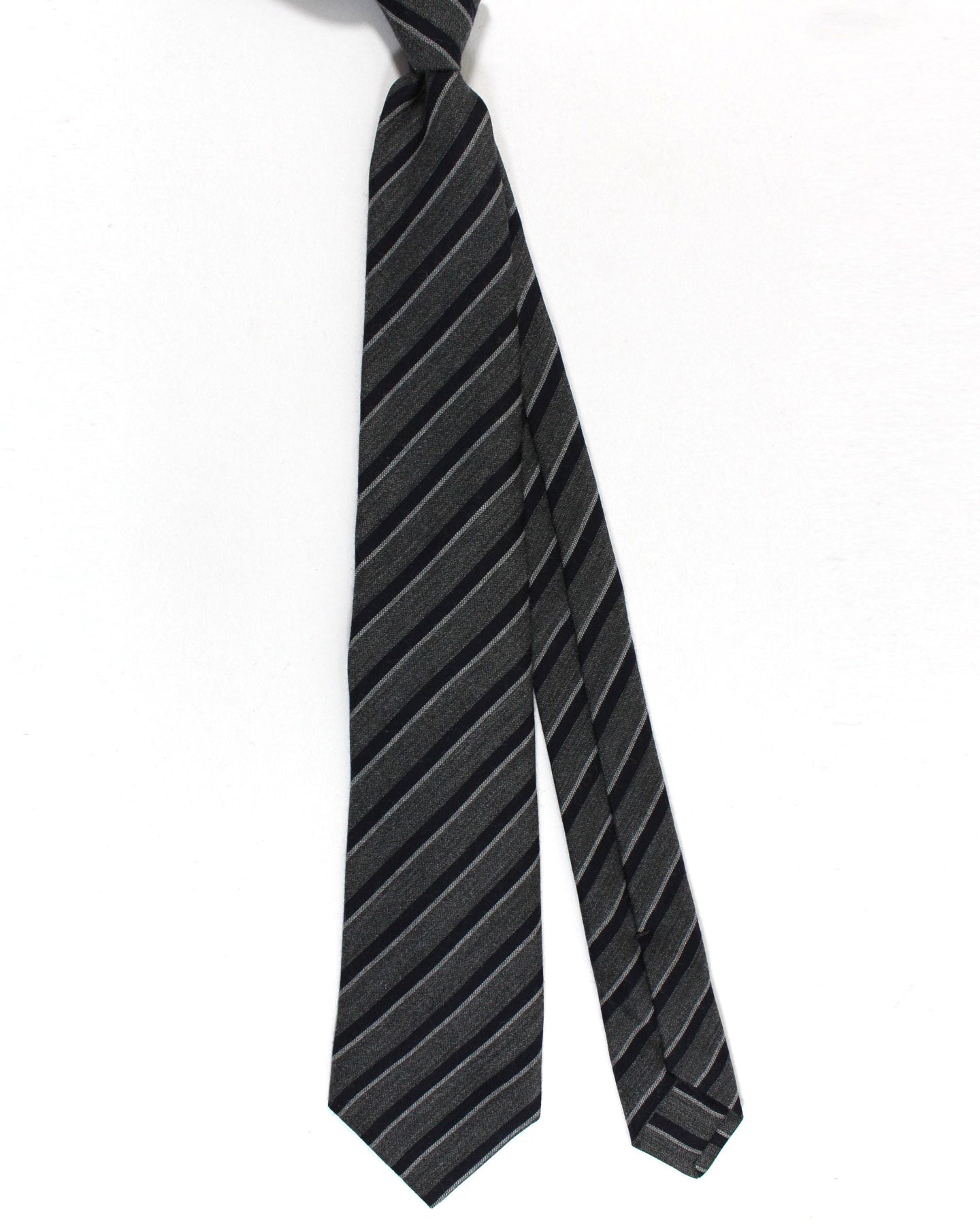 Kiton Wool Silk Tie Gray Dark Blue Stripes Design - Sevenfold Necktie