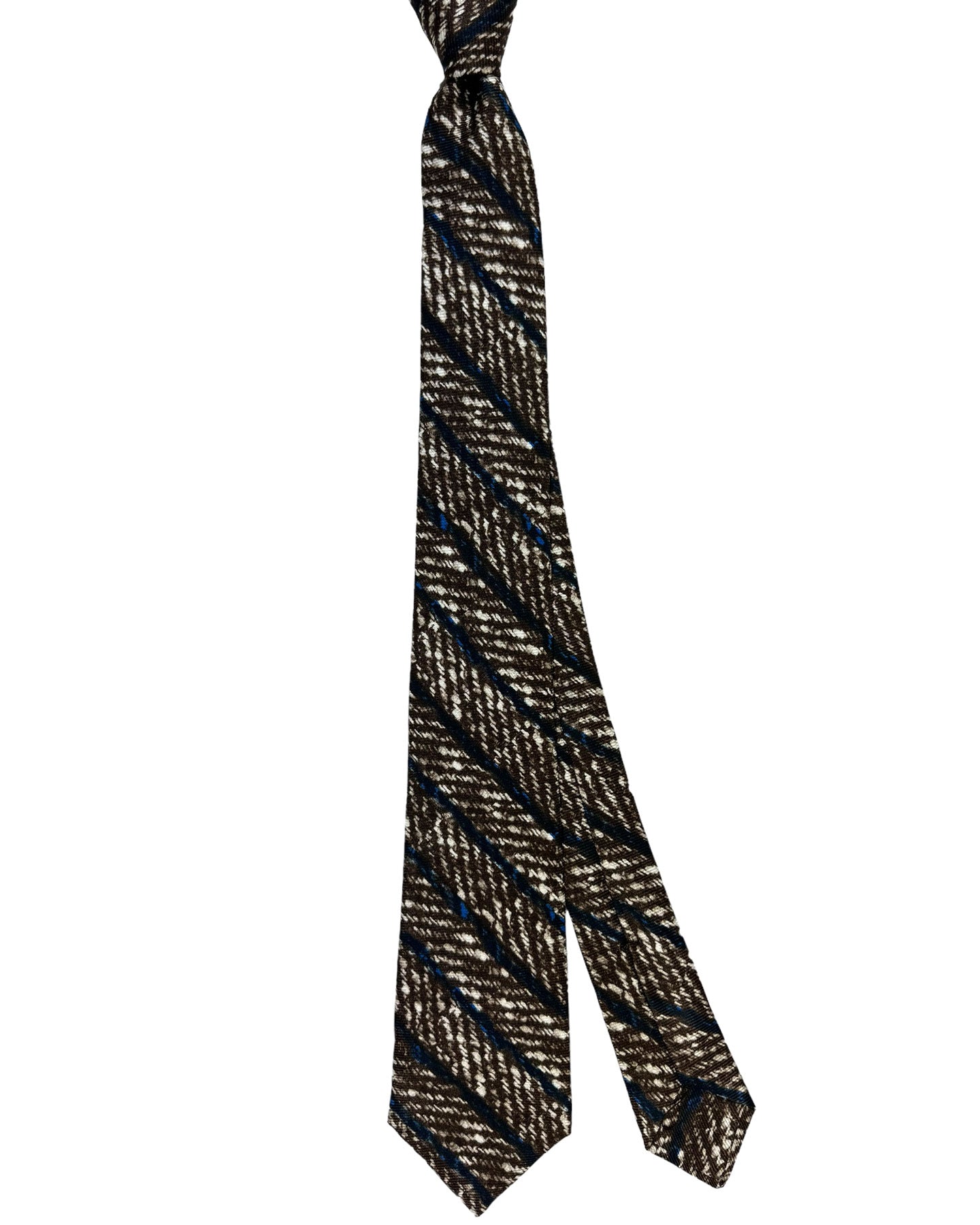 Kiton Silk Tie White Brown Dark Blue Herringbone Stripes Design - Sevenfold Necktie