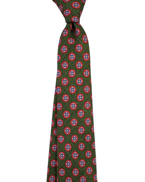 Kiton Sevenfold Tie Forest Green And Red Floral Medallion Pattern