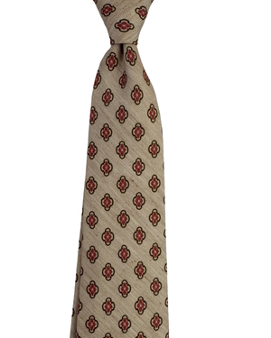 Kiton Sevenfold Silk Tie Taupe Pink Quatrefoil Design