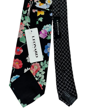Leonard Paris Silk Tie Black garden Red Blue Pink Flowers