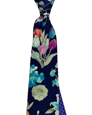 Leonard Paris Silk Tie Navy Garden Floral with Turquoise Blooms