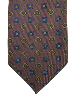 E. Marinella Silk Tie Brown Navy Green Geometric