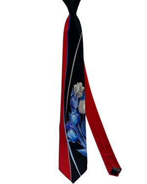 Vitaliano Pancaldi Silk Tie Blue Tulips On Red blue Black