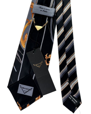 Vitaliano Pancaldi Silk Tie Black Baroque with Pinstripes