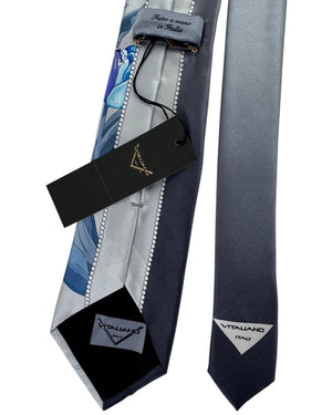 Vitaliano Pancaldi Silk Tie Silver Floral with Navy Accent Stripe