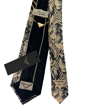 Vitaliano Pancaldi Silk Tie Black Tan Stripe Floral