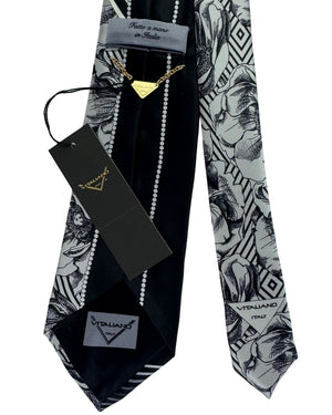 Vitaliano Pancaldi Silk Tie Black White Stripe Floral