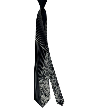 Vitaliano Pancaldi Silk Tie Black Gray Stripe Floral