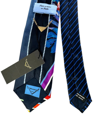Vitaliano Pancaldi Silk Tie Dark Blue Floral & Colorful Lines