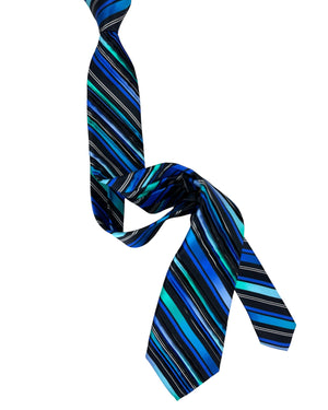 Vitaliano Pancaldi Pleated Silk Tie Black Royal Blue Aqua Stripes