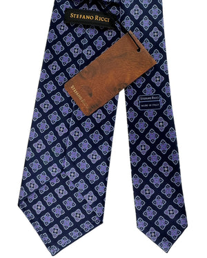 Stefano Ricci Pleated Silk Tie Navy Purple Medallion Diamond Pattern
