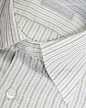 Stefano Ricci Shirt White Taupe Stripes Linen Cotton 38 - 15
