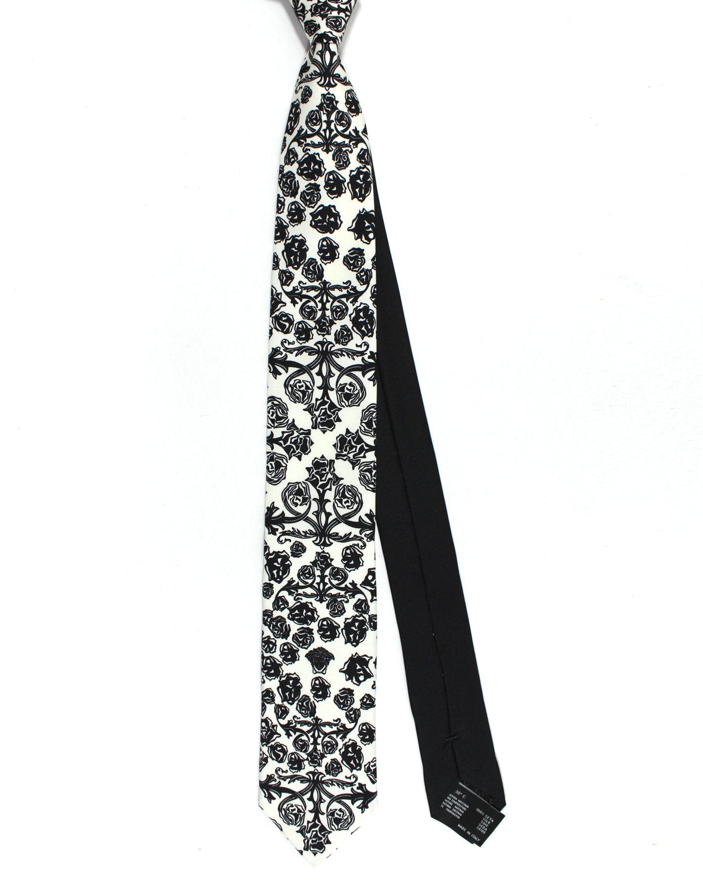 Versace Silk Tie White Black Floral - Narrow Necktie