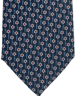 Ermenegildo Zegna Silk Tie Navy Blue Red White Mini Flowers - Narrow Cut