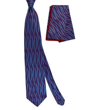 Zilli Silk Tie & Matching Pocket Square Set Midnight Blue And Red Swirl