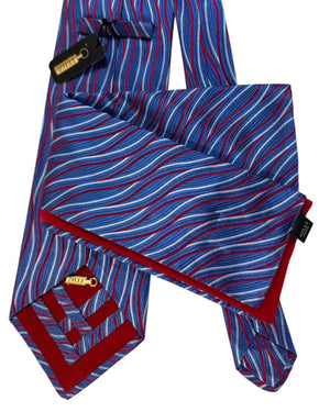 Zilli Silk Tie & Matching Pocket Square Set Blue And Red Wave Stripe
