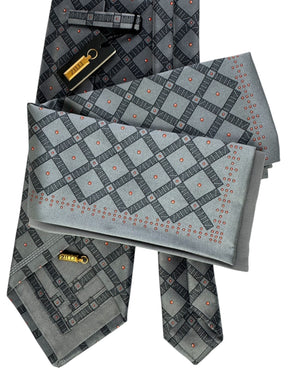 Zilli Silk Tie & Matching Pocket Square Set Charcoal And Red Diamond Grid