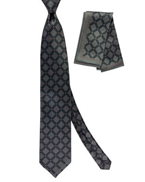 Zilli Silk Tie & Matching Pocket Square Set Charcoal Gray Logo SALE
