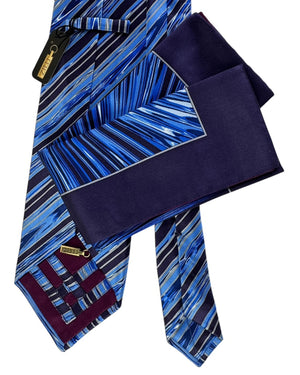 Zilli Silk Tie & Matching Pocket Square Set Midnight Blue And Sky Blue Marbled Stripe