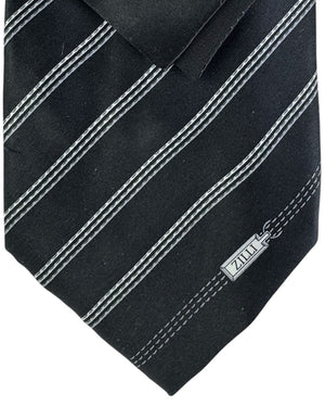 Zilli Silk Tie & Matching Pocket Square Set Black With White Pinstripes