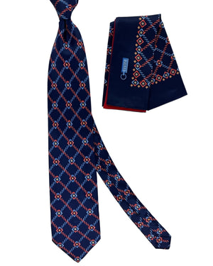 Zilli Silk Tie & Matching Pocket Square Set Navy With Red And Blue Geometric