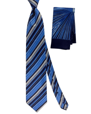 Zilli Silk Tie & Matching Pocket Square Set Blue Navy Stripes